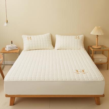 居眠2023新款原棉H标刺绣大豆床笠 刺绣H-奶昔白