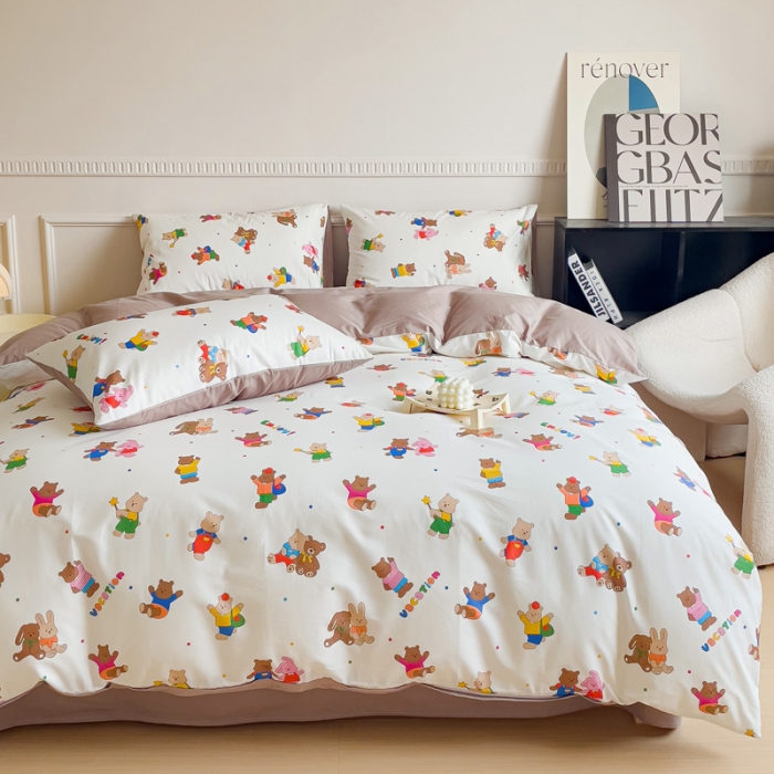 91家纺网 家纺一手货源 找家纺 畅畅家纺 2023新款13372全棉小清新简约系列四件套 小熊可可