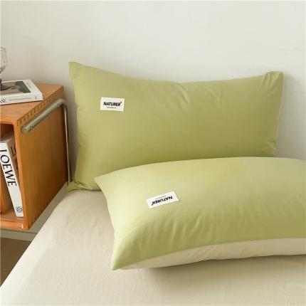 微廉 2023新款全棉水洗棉纯色贴标单品系列-单枕套 贴标-果绿+奶茶