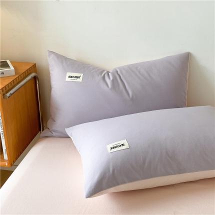 微廉 2023新款全棉水洗棉纯色贴标单品系列-单枕套 贴标-浅紫+奶油粉