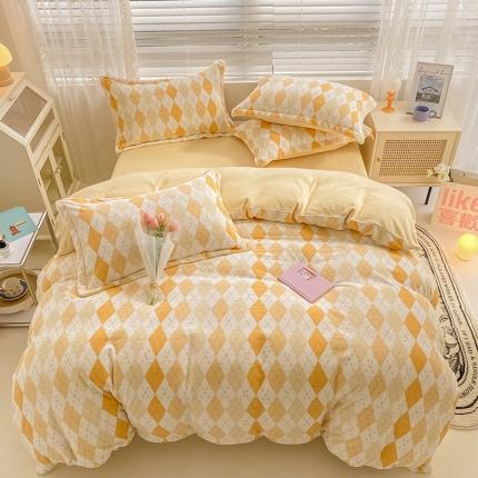 91家纺网 家纺一手货源 找家纺 瑞莱 2023冬季新款牛奶绒印花四件套 菱格-黄