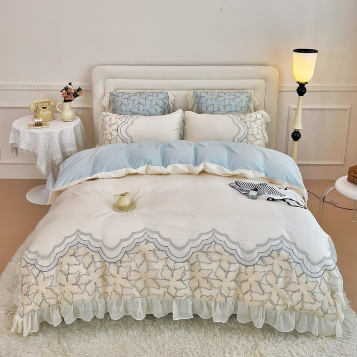 91家纺网 家纺一手货源 找家纺 品家居 2025新款长绒棉四件套-艾米莉 艾米莉-浅兰