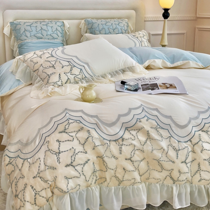 91家纺网 家纺一手货源 找家纺 品家居 2025新款长绒棉四件套-艾米莉 艾米莉-浅兰