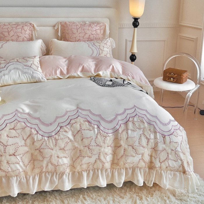 91家纺网 家纺一手货源 找家纺 品家居 2025新款长绒棉四件套-艾米莉 艾米莉-雪粉色