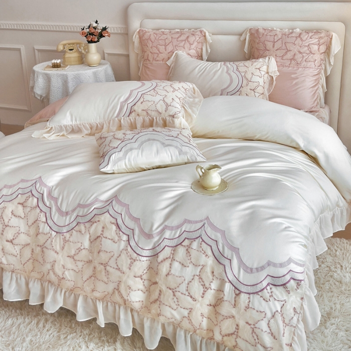 91家纺网 家纺一手货源 找家纺 品家居 2025新款长绒棉四件套-艾米莉 艾米莉-雪粉色