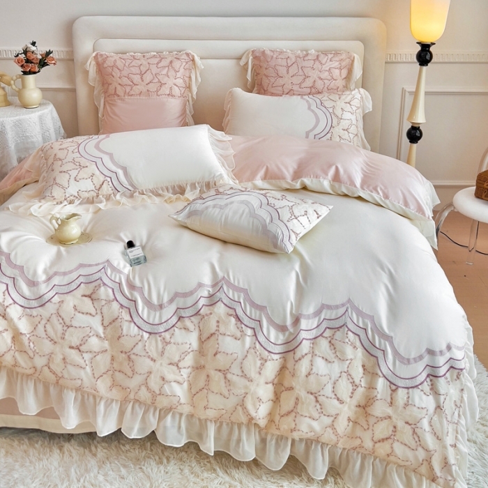 91家纺网 家纺一手货源 找家纺 品家居 2025新款长绒棉四件套-艾米莉 艾米莉-雪粉色