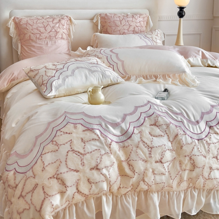 91家纺网 家纺一手货源 找家纺 品家居 2025新款长绒棉四件套-艾米莉 艾米莉-雪粉色