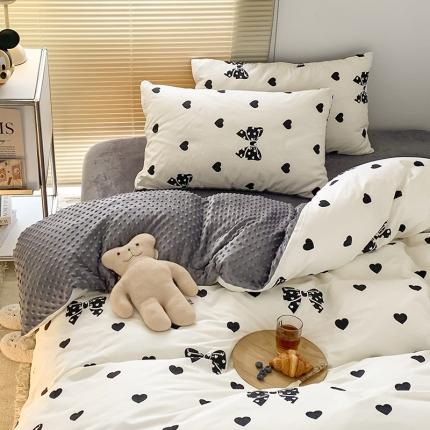 91家纺网 家纺一手货源 找家纺 金奇达 2023新款豆豆棉绒四件套 黑糖爱心