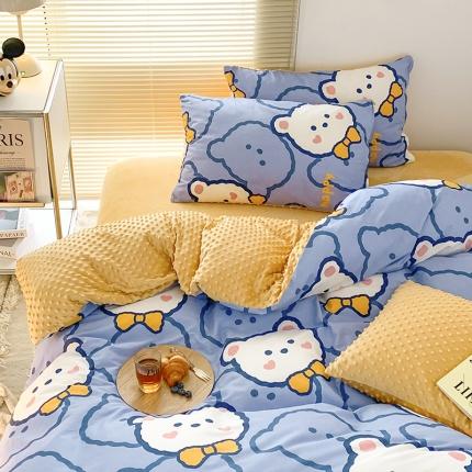 91家纺网 家纺一手货源 找家纺 金奇达 2023新款豆豆棉绒四件套 领结熊仔