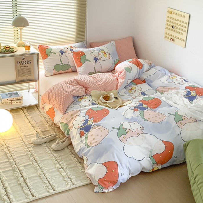 91家纺网 家纺一手货源 找家纺 金奇达 2023新款豆豆棉绒四件套 兔兔莓莓