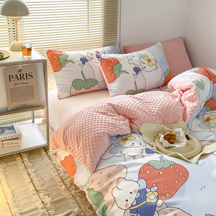 91家纺网 家纺一手货源 找家纺 金奇达 2023新款豆豆棉绒四件套 兔兔莓莓