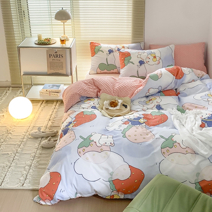 91家纺网 家纺一手货源 找家纺 金奇达 2023新款豆豆棉绒四件套 兔兔莓莓