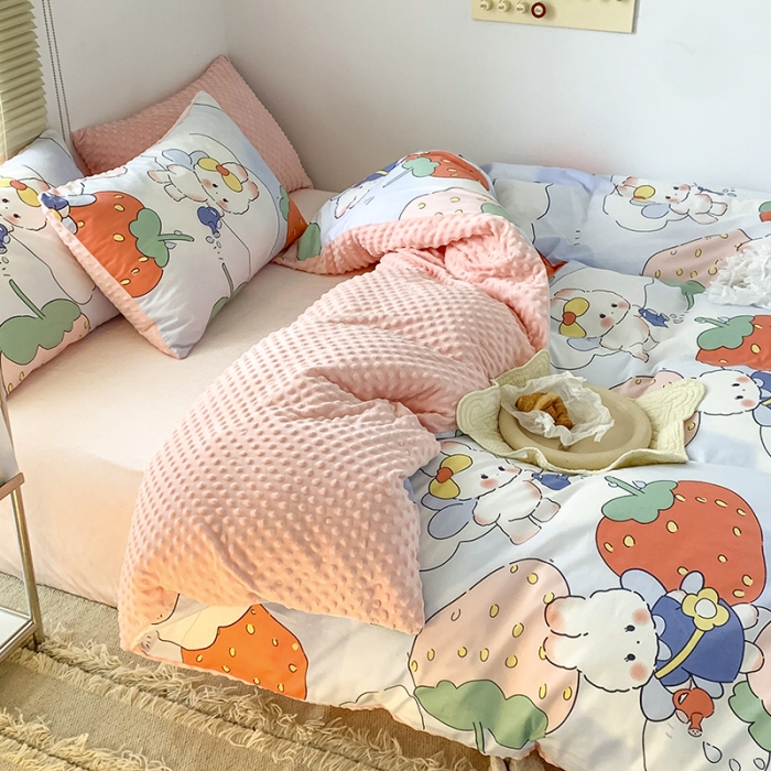 91家纺网 家纺一手货源 找家纺 金奇达 2023新款豆豆棉绒四件套 兔兔莓莓