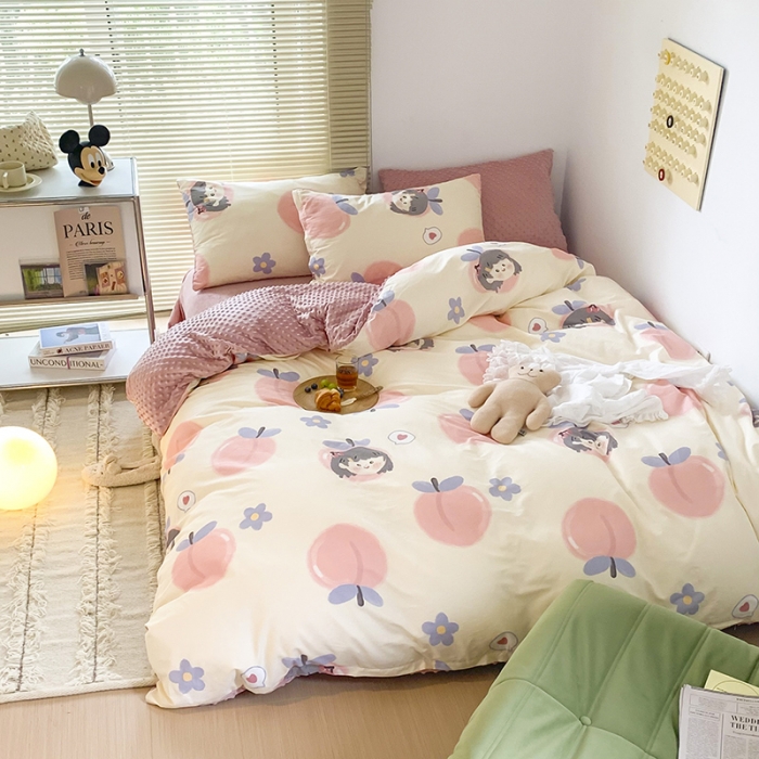 91家纺网 家纺一手货源 找家纺 金奇达 2023新款豆豆棉绒四件套 蜜桃女孩