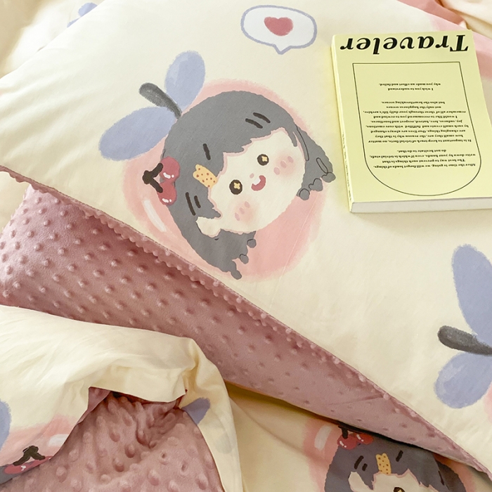 91家纺网 家纺一手货源 找家纺 金奇达 2023新款豆豆棉绒四件套 蜜桃女孩