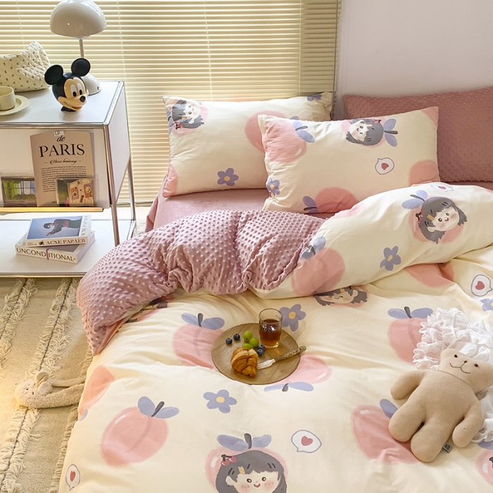 91家纺网 家纺一手货源 找家纺 金奇达 2023新款豆豆棉绒四件套 蜜桃女孩