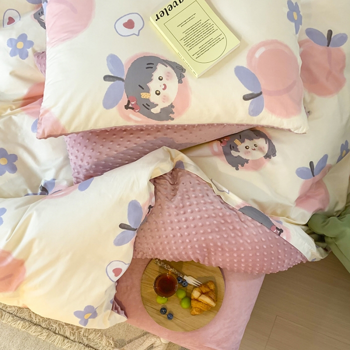 91家纺网 家纺一手货源 找家纺 金奇达 2023新款豆豆棉绒四件套 蜜桃女孩