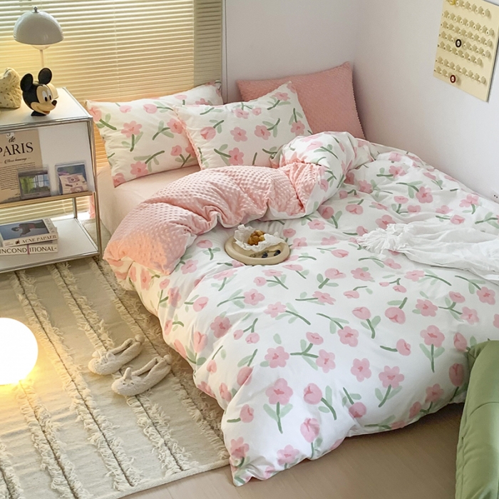 91家纺网 家纺一手货源 找家纺 金奇达 2023新款豆豆棉绒四件套 蜜茶花粉