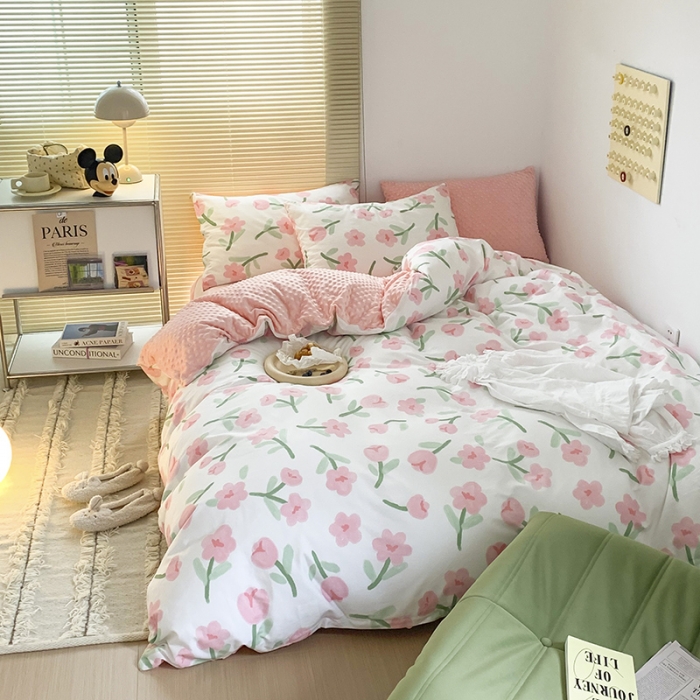 91家纺网 家纺一手货源 找家纺 金奇达 2023新款豆豆棉绒四件套 蜜茶花粉