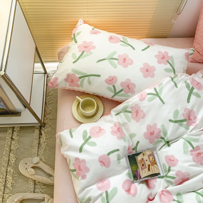 91家纺网 家纺一手货源 找家纺 金奇达 2023新款豆豆棉绒四件套 蜜茶花粉