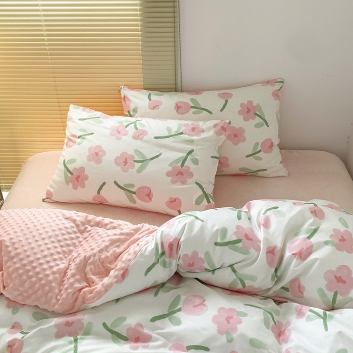 91家纺网 家纺一手货源 找家纺 金奇达 2023新款豆豆棉绒四件套 蜜茶花粉