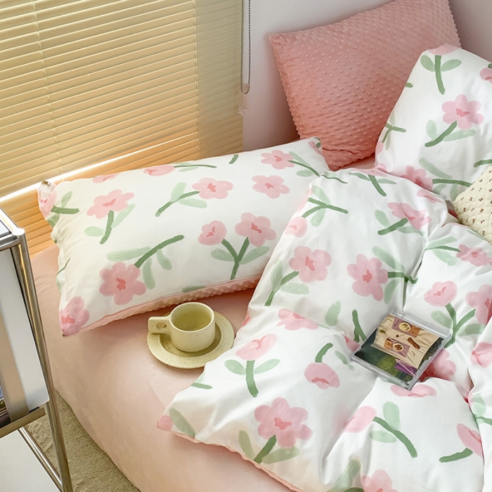 91家纺网 家纺一手货源 找家纺 金奇达 2023新款豆豆棉绒四件套 蜜茶花粉