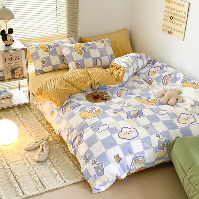 91家纺网 家纺一手货源 找家纺 金奇达 2023新款豆豆棉绒四件套 流浪星球