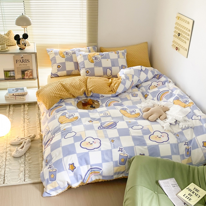 91家纺网 家纺一手货源 找家纺 金奇达 2023新款豆豆棉绒四件套 流浪星球