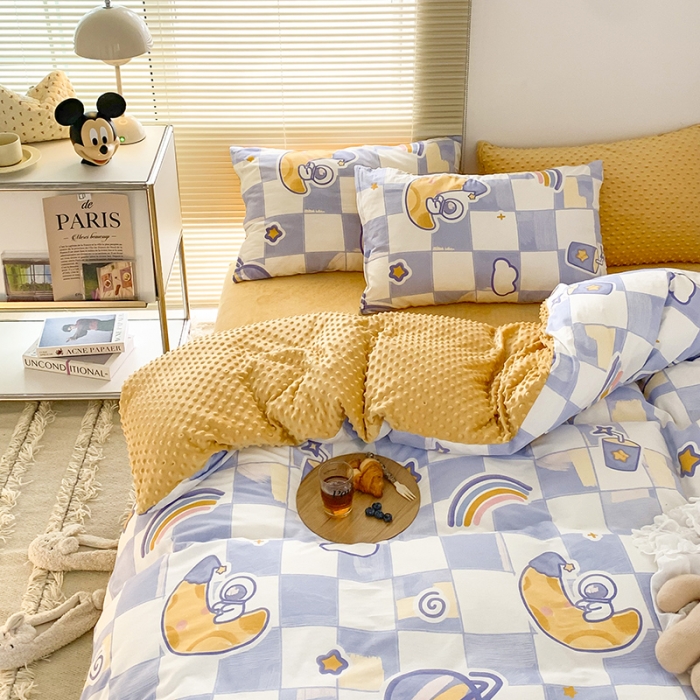 91家纺网 家纺一手货源 找家纺 金奇达 2023新款豆豆棉绒四件套 流浪星球