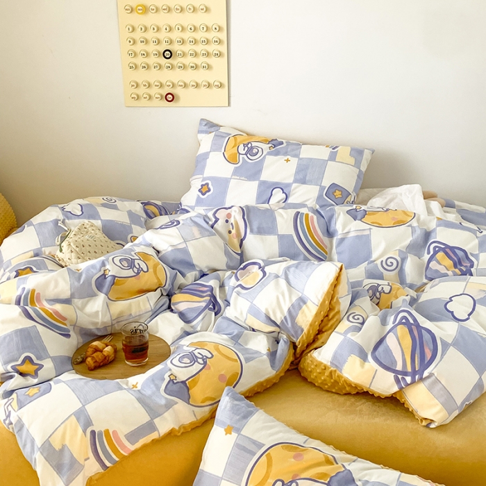 91家纺网 家纺一手货源 找家纺 金奇达 2023新款豆豆棉绒四件套 流浪星球