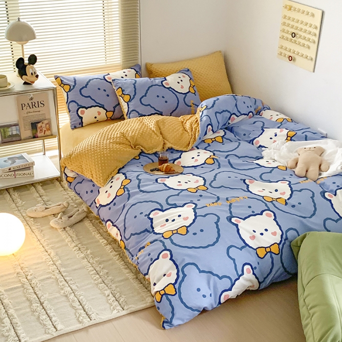 91家纺网 家纺一手货源 找家纺 金奇达 2023新款豆豆棉绒四件套 领结熊仔