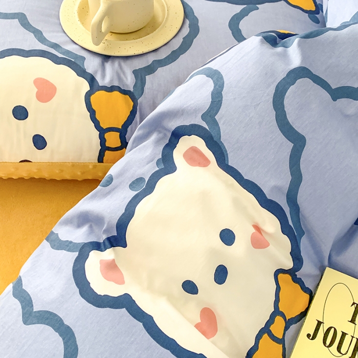 91家纺网 家纺一手货源 找家纺 金奇达 2023新款豆豆棉绒四件套 领结熊仔