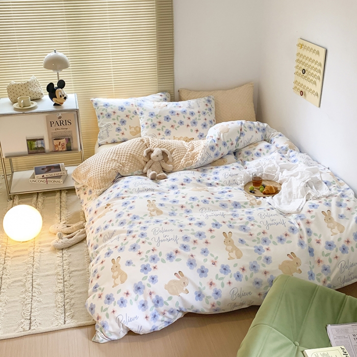 91家纺网 家纺一手货源 找家纺 金奇达 2023新款豆豆棉绒四件套 花间小兔