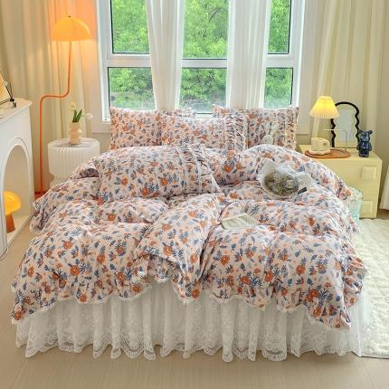 91家纺网 家纺一手货源 找家纺 罗艺轩 2024新款全棉蕾丝夹棉床裙巴黎春天系列四件套 丹尼斯