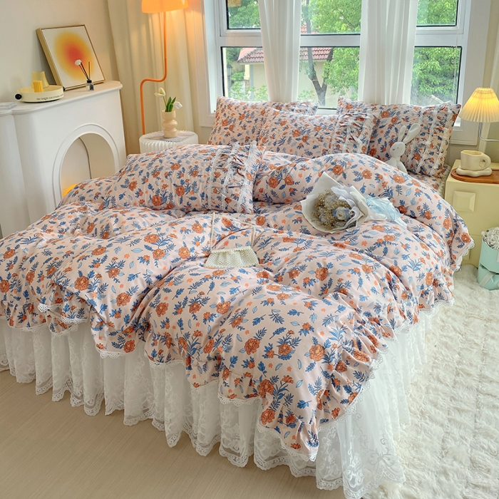 91家纺网 家纺一手货源 找家纺 罗艺轩 2024新款全棉蕾丝夹棉床裙巴黎春天系列四件套 丹尼斯