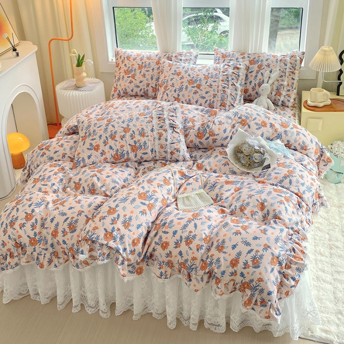 91家纺网 家纺一手货源 找家纺 罗艺轩 2024新款全棉蕾丝夹棉床裙巴黎春天系列四件套 丹尼斯