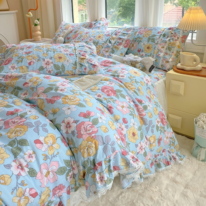 91家纺网 家纺一手货源 找家纺 罗艺轩 2024新款全棉蕾丝夹棉床裙巴黎春天系列四件套 繁花似锦