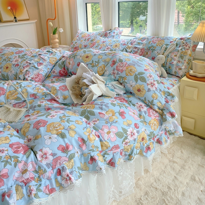 91家纺网 家纺一手货源 找家纺 罗艺轩 2024新款全棉蕾丝夹棉床裙巴黎春天系列四件套 繁花似锦