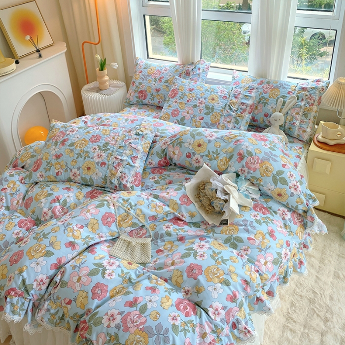 91家纺网 家纺一手货源 找家纺 罗艺轩 2024新款全棉蕾丝夹棉床裙巴黎春天系列四件套 繁花似锦