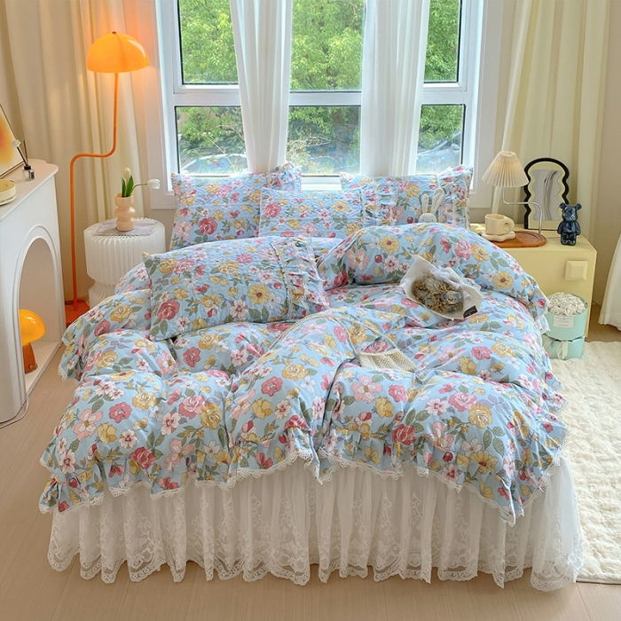 91家纺网 家纺一手货源 找家纺 罗艺轩 2024新款全棉蕾丝夹棉床裙巴黎春天系列四件套 繁花似锦