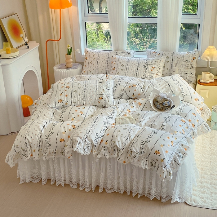 91家纺网 家纺一手货源 找家纺 罗艺轩 2024新款全棉蕾丝夹棉床裙巴黎春天系列四件套 芙拉花园