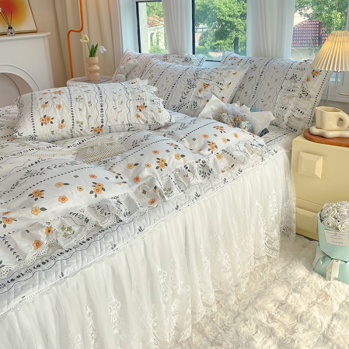 91家纺网 家纺一手货源 找家纺 罗艺轩 2024新款全棉蕾丝夹棉床裙巴黎春天系列四件套 芙拉花园