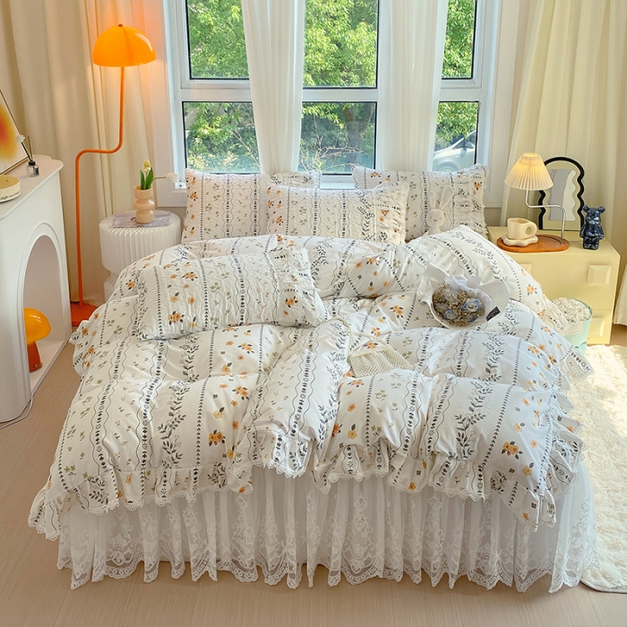 91家纺网 家纺一手货源 找家纺 罗艺轩 2024新款全棉蕾丝夹棉床裙巴黎春天系列四件套 芙拉花园