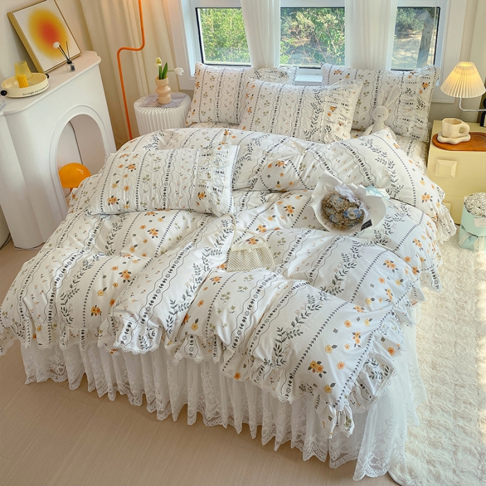 91家纺网 家纺一手货源 找家纺 罗艺轩 2024新款全棉蕾丝夹棉床裙巴黎春天系列四件套 芙拉花园