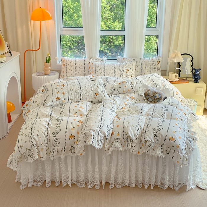 91家纺网 家纺一手货源 找家纺 罗艺轩 2024新款全棉蕾丝夹棉床裙巴黎春天系列四件套 芙拉花园