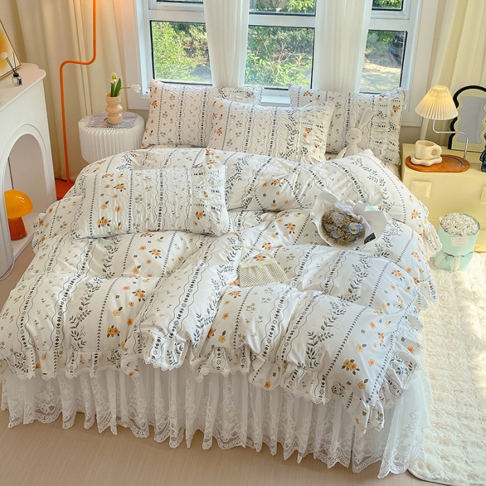 91家纺网 家纺一手货源 找家纺 罗艺轩 2024新款全棉蕾丝夹棉床裙巴黎春天系列四件套 芙拉花园