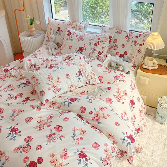 91家纺网 家纺一手货源 找家纺 罗艺轩 2024新款全棉蕾丝夹棉床裙巴黎春天系列四件套 复古花季