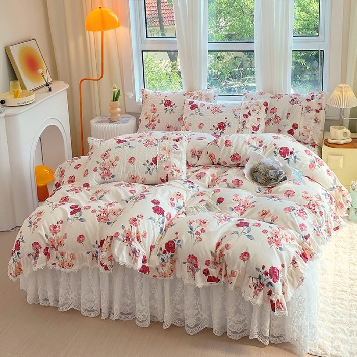 91家纺网 家纺一手货源 找家纺 罗艺轩 2024新款全棉蕾丝夹棉床裙巴黎春天系列四件套 复古花季