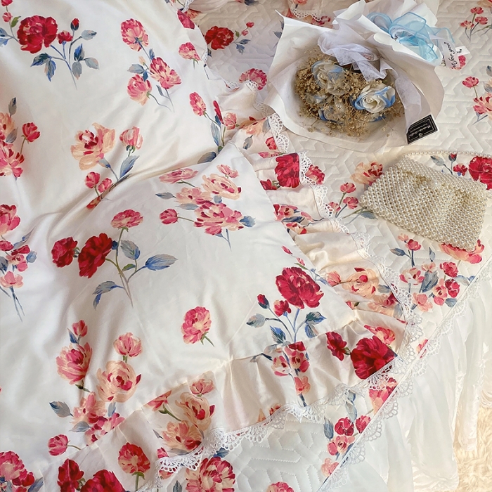 91家纺网 家纺一手货源 找家纺 罗艺轩 2024新款全棉蕾丝夹棉床裙巴黎春天系列四件套 复古花季
