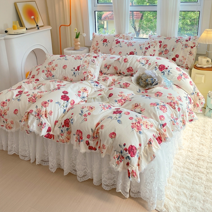 91家纺网 家纺一手货源 找家纺 罗艺轩 2024新款全棉蕾丝夹棉床裙巴黎春天系列四件套 复古花季